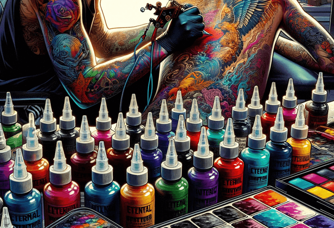 Tattoo artist using colorful inks to create vibrant body art design in studio