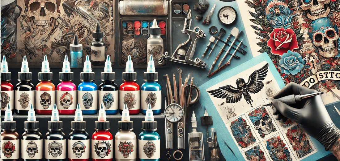 Various tattoo inks and tools organized on a table, showcasing vibrant colors, tattoo stencils, and artist hand drawing a tattoo design.