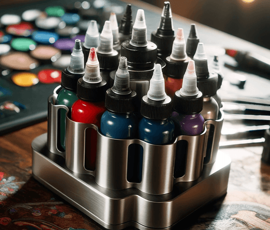 Holder with multiple tattoo ink bottles on a workstation displaying vibrant paint colors.