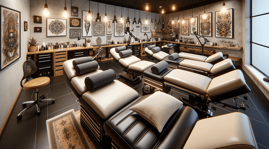 A well-equipped tattoo studio with ergonomic chairs, pillows, and armrests for optimal artist productivity and client comfort