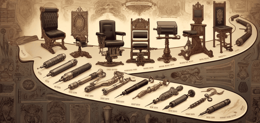 Evolution of tattoo armrests and tools showcasing historical progression from early designs to modern equipment.